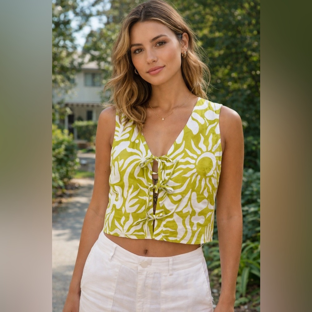 Christian Siriano Olive and White Patterned Tank Top